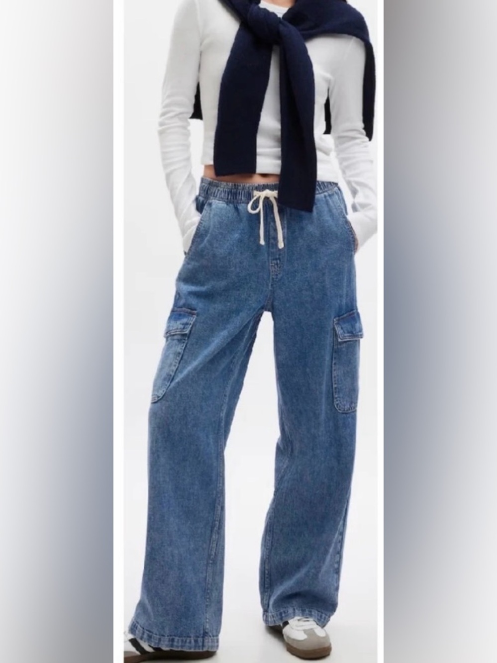 GAP High-Rise Wide-Leg Denim Pants - Light Blue with White Drawstring